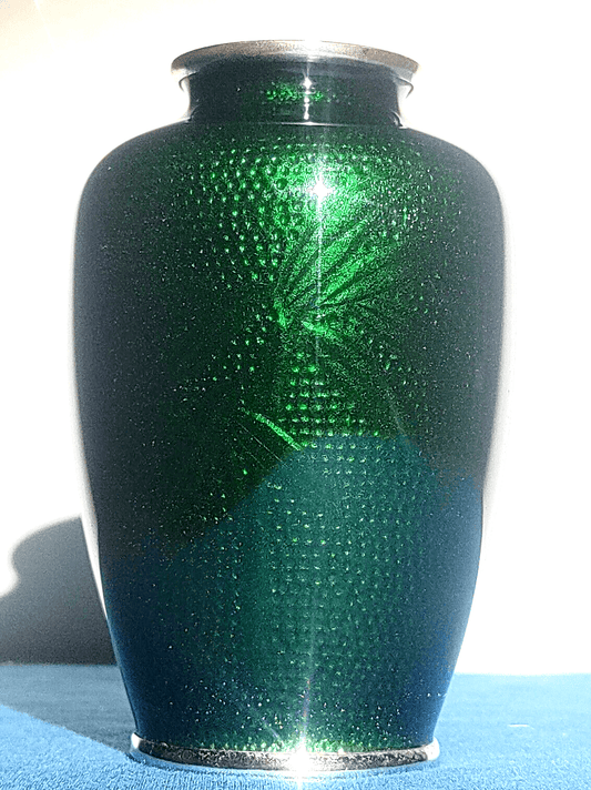 Japanese Ando Ginbari Green Cloisonne Enamel Bamboo Vase Silver-plate Rims - Tommy's Treasure