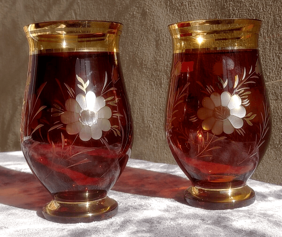 Egermann Bohemian Czech Etched Amber to Clear Glass Crystal & Gilt Vases - Tommy's Treasure