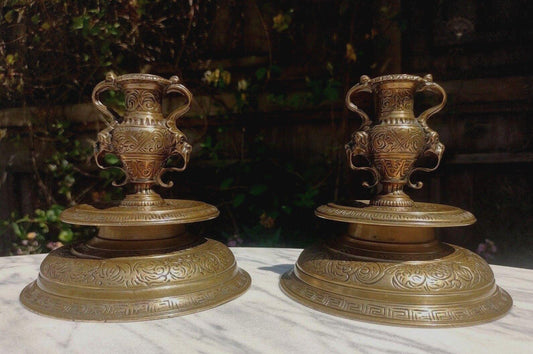 Pair of French Neoclassical Renaissance Style 19th Century Bronze Urn Candlestick Holders - Tommy's Treasure