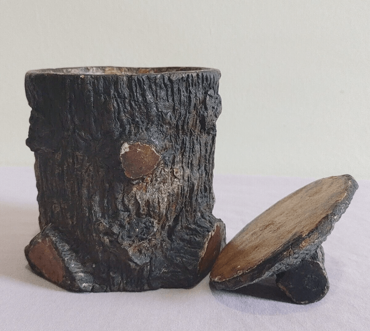 Antique Naturalistic Pottery Tree Trunk Stump Tobacco Jar Pot Black Forest Style - Tommy's Treasure