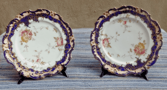 Antique 19th Century Pair Scalloped & Molded Cobalt Blue & Gilt Porcelain Plates - Tommy's Treasure