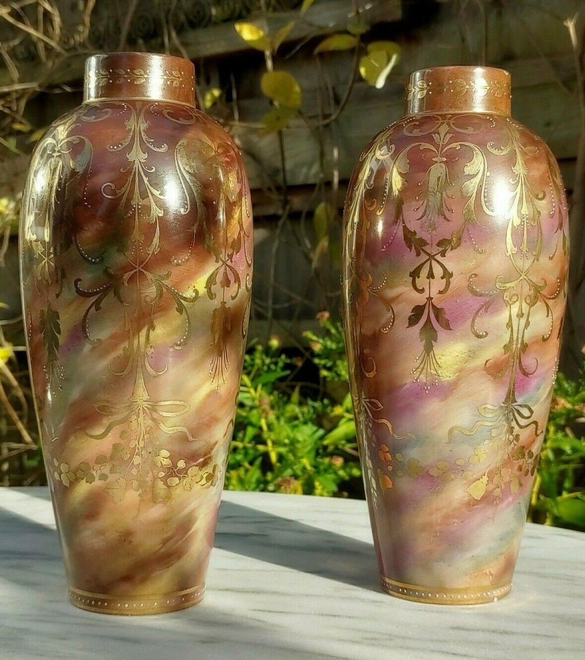 Antique Pair of Marble Glaze & Hand painted Gold Gilt Décor Ceramic Ovoid Vases - Tommy's Treasure