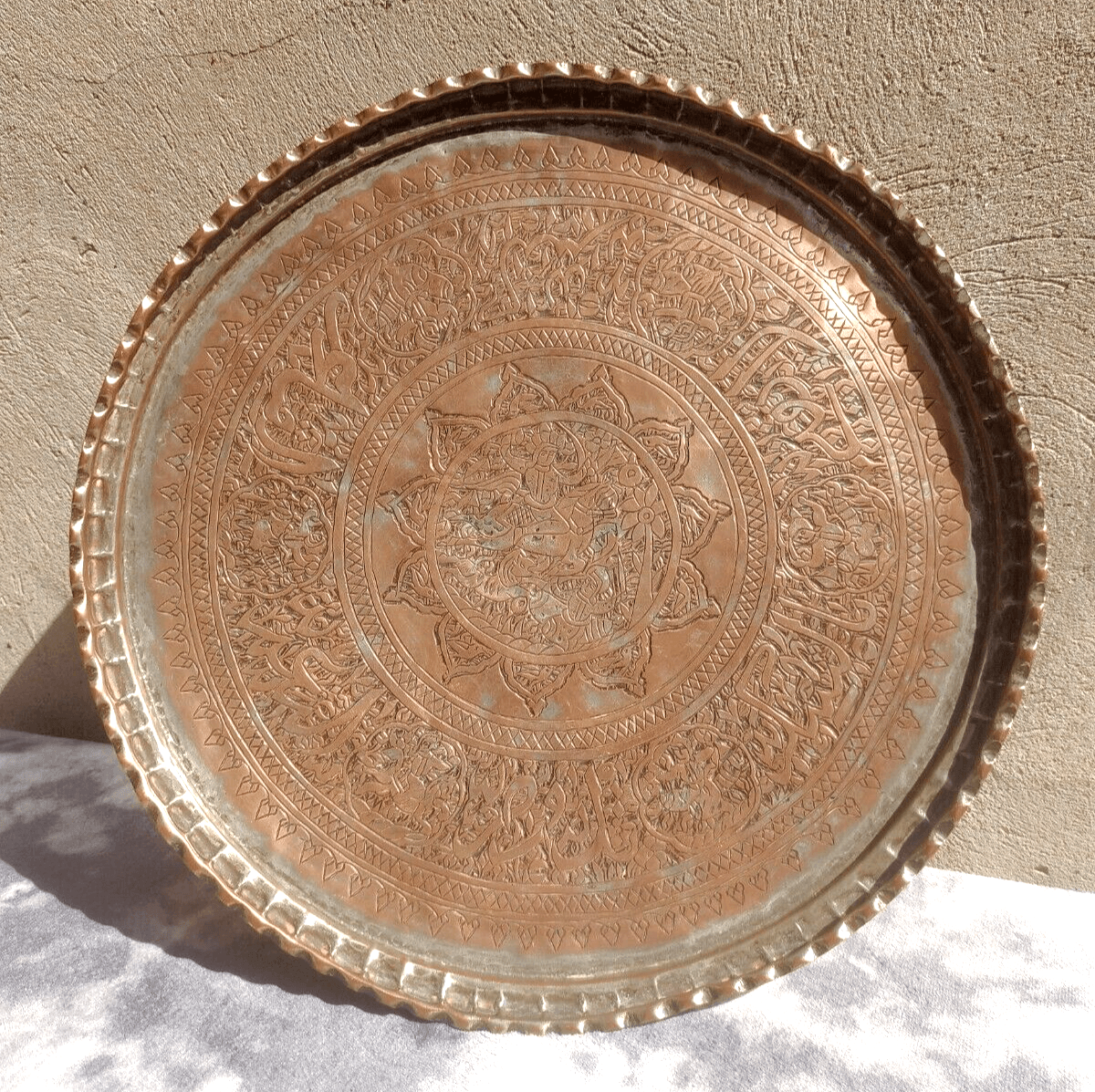 Antique Middle Eastern Engraved Tinned Copper Hanging Wall Charger Tray 47 cm - Tommy's Treasure