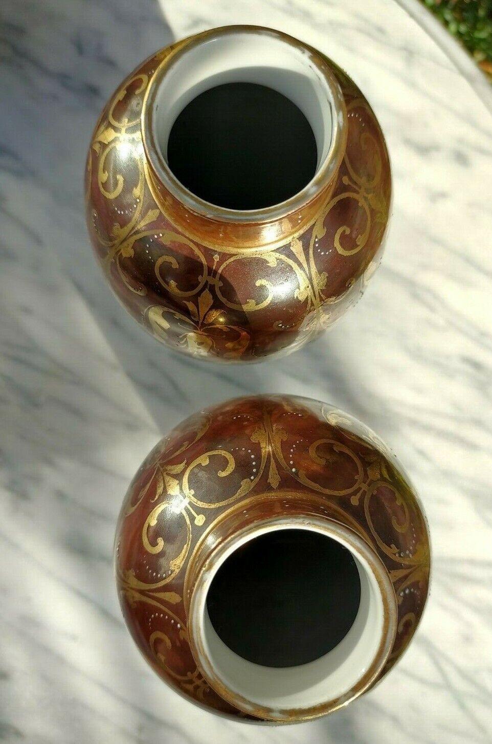 Antique Pair of Marble Glaze & Hand painted Gold Gilt Décor Ceramic Ovoid Vases - Tommy's Treasure