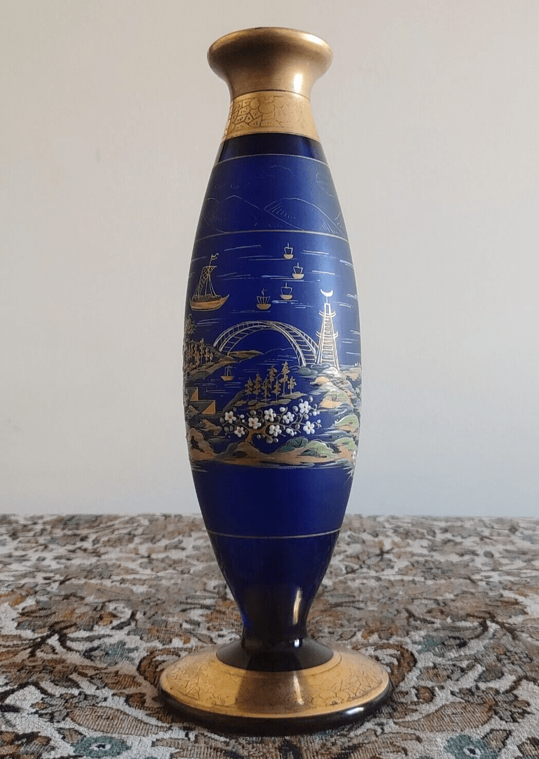 Bohemian Czech Enamelled Japanese Pagoda Gilt Cobalt Blue Glass Vase 32cm - Tommy's Treasure