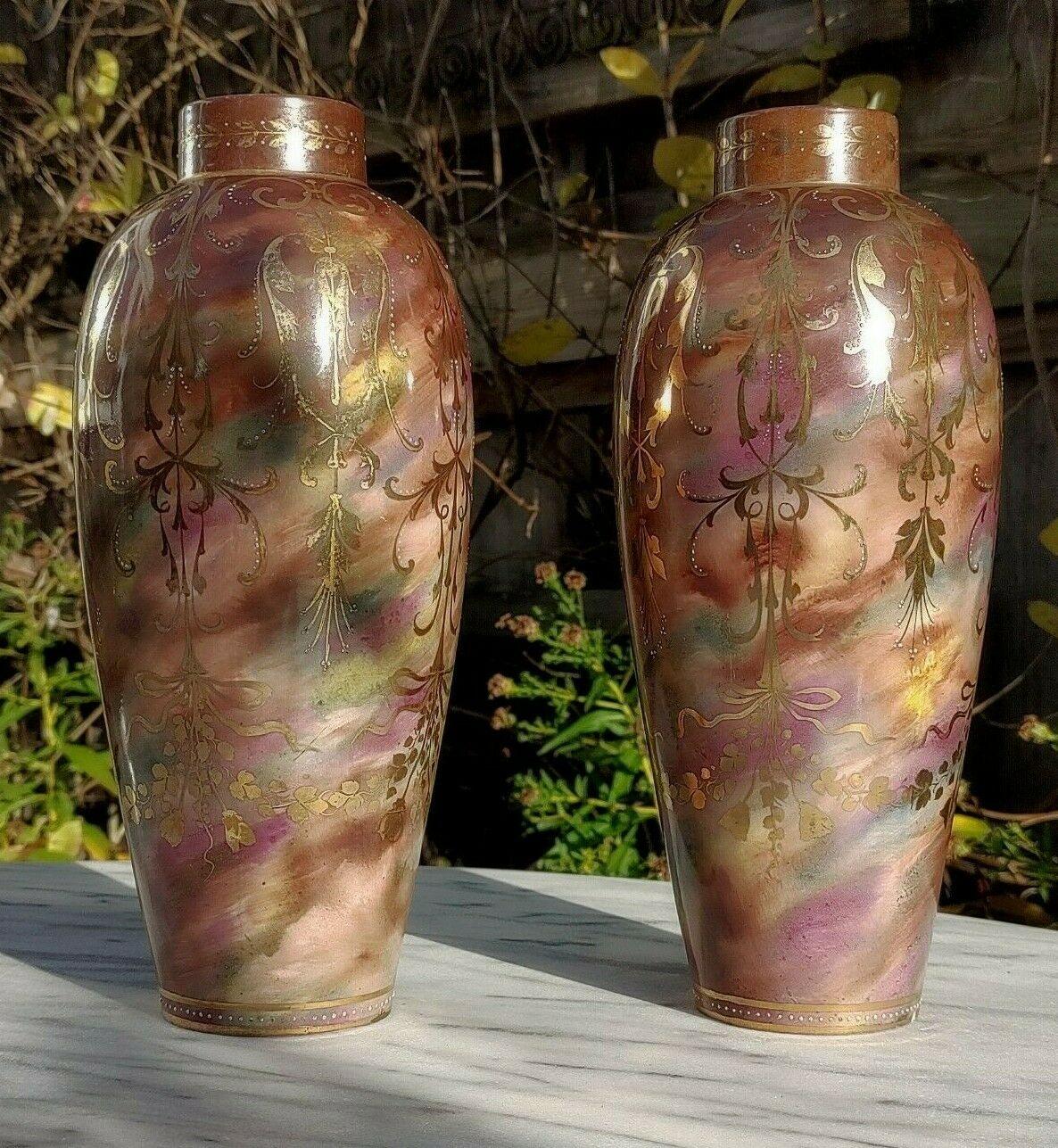 Antique Pair of Marble Glaze & Hand painted Gold Gilt Décor Ceramic Ovoid Vases - Tommy's Treasure