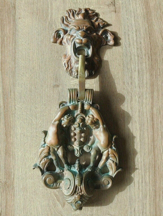 Italian Renaissance Grotesque Mask & Cherubs Medici Brass Door Knocker - Tommy's Treasure