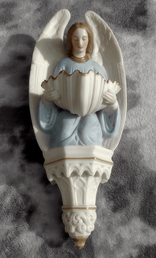 19th Century Holy Water Font Religious Irish Bisque Porcelain Angel - Tommy's Treasure