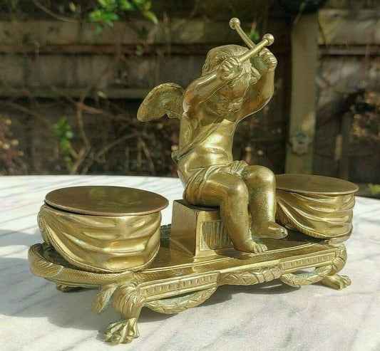 19th Century French Gilt Bronze Antique Cupid Putto Cherub Playing Drums Inkwell - Tommy's Treasure