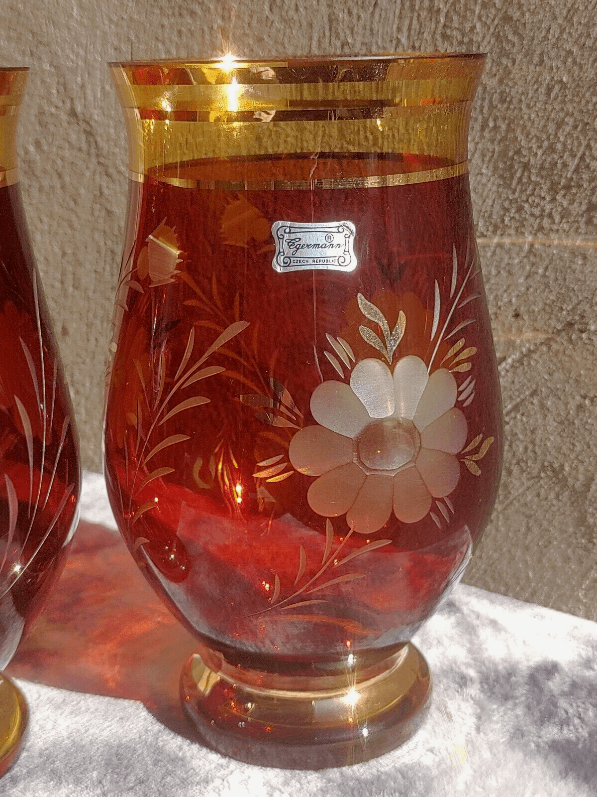 Egermann Bohemian Czech Etched Amber to Clear Glass Crystal & Gilt Vases - Tommy's Treasure