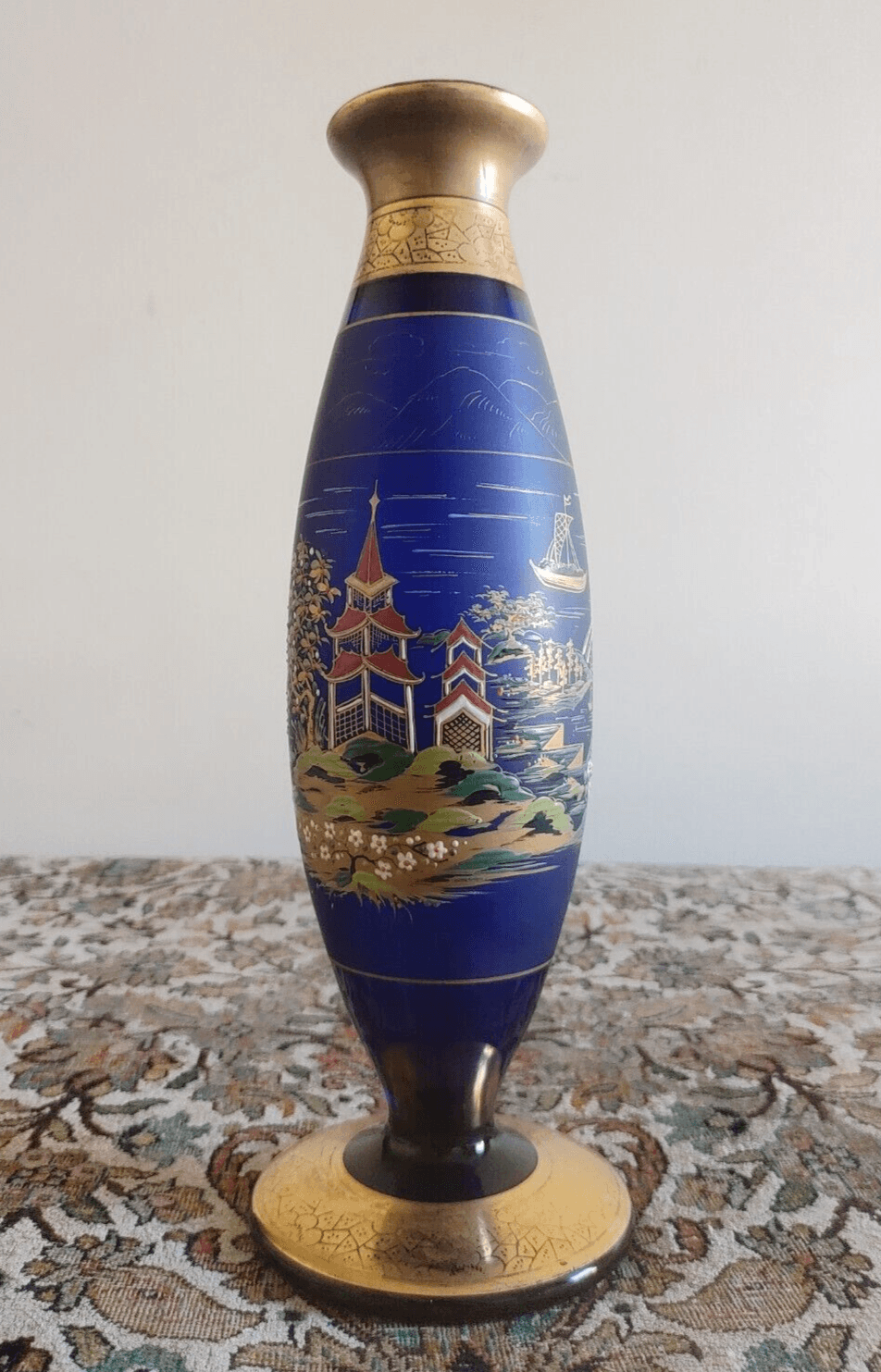 Bohemian Czech Enamelled Japanese Pagoda Gilt Cobalt Blue Glass Vase 32cm - Tommy's Treasure