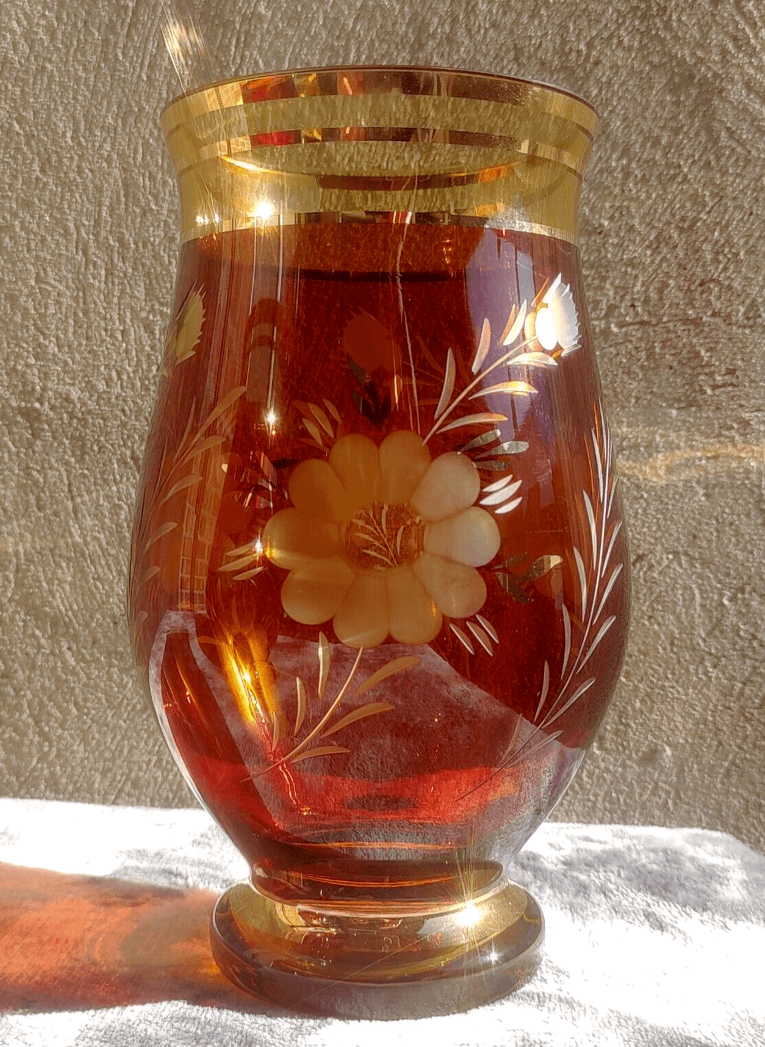 Egermann Bohemian Czech Etched Amber to Clear Glass Crystal & Gilt Vases - Tommy's Treasure