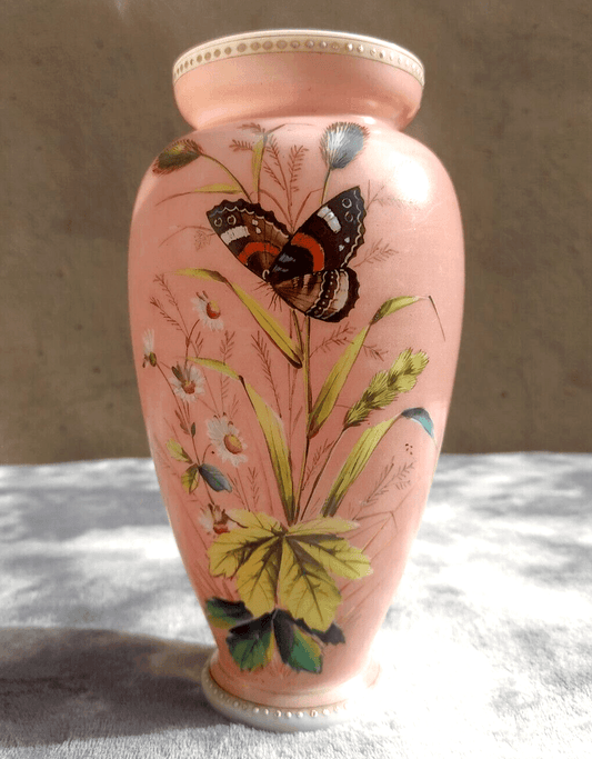 Bohemian Harrach 19th Century Antique Enamel Butterfly Pink Opaline Glass Vase - Tommy's Treasure