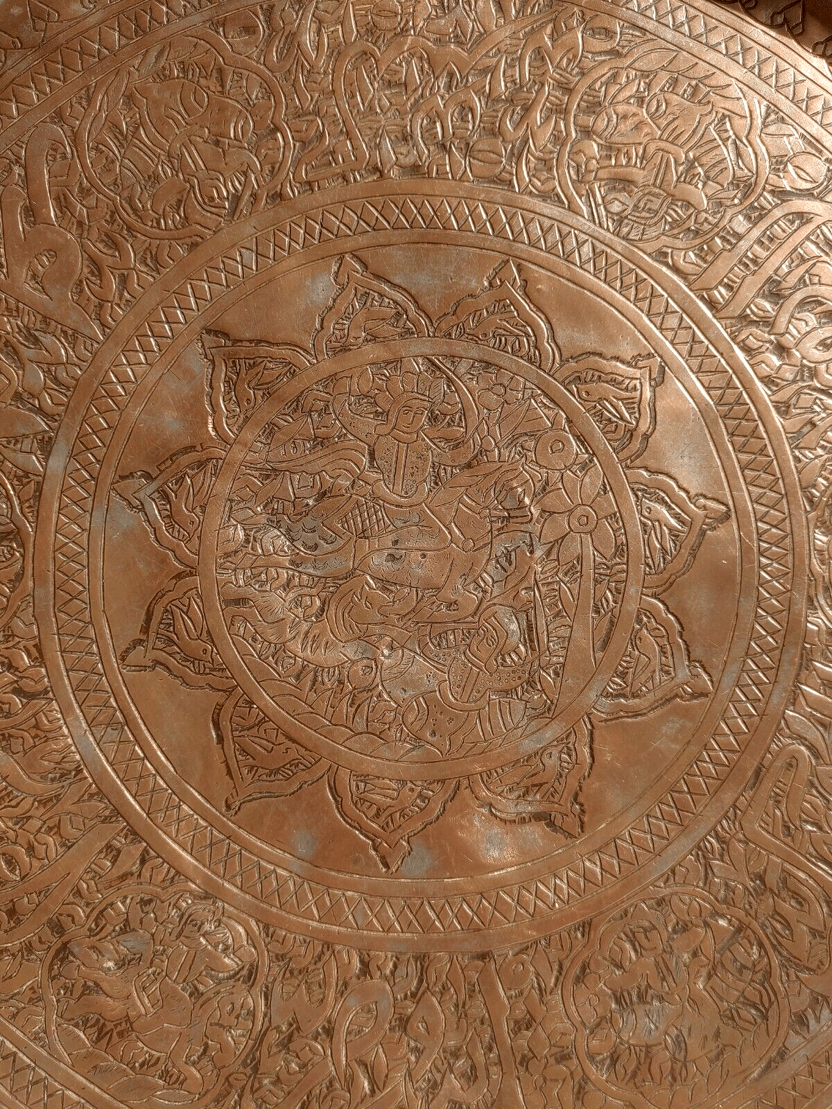 Antique Middle Eastern Engraved Tinned Copper Hanging Wall Charger Tray 47 cm - Tommy's Treasure