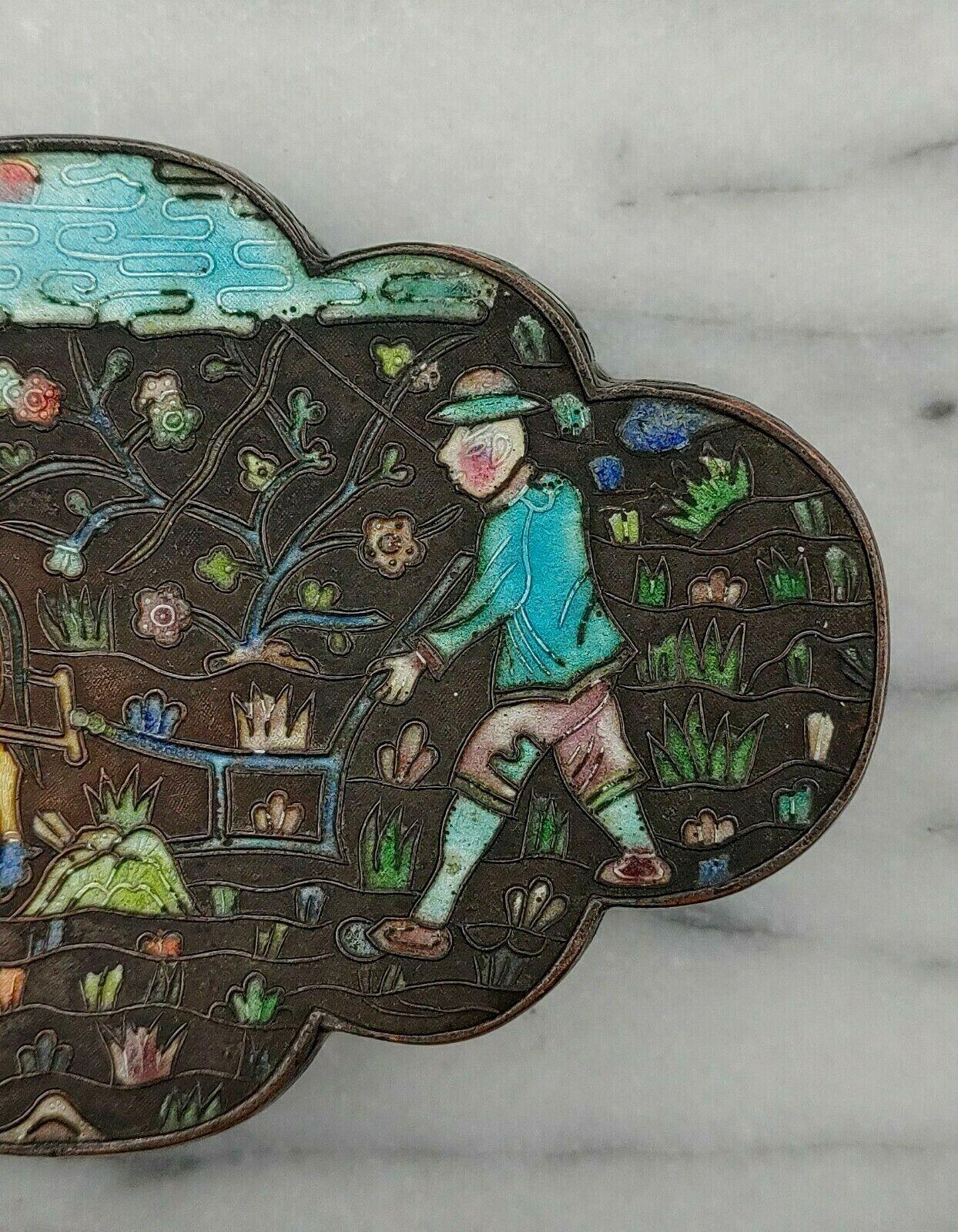 Antique Chinese Export Cloisonne Enamel Silvered Copper Opium Box Ox & Symbols - Tommy's Treasure