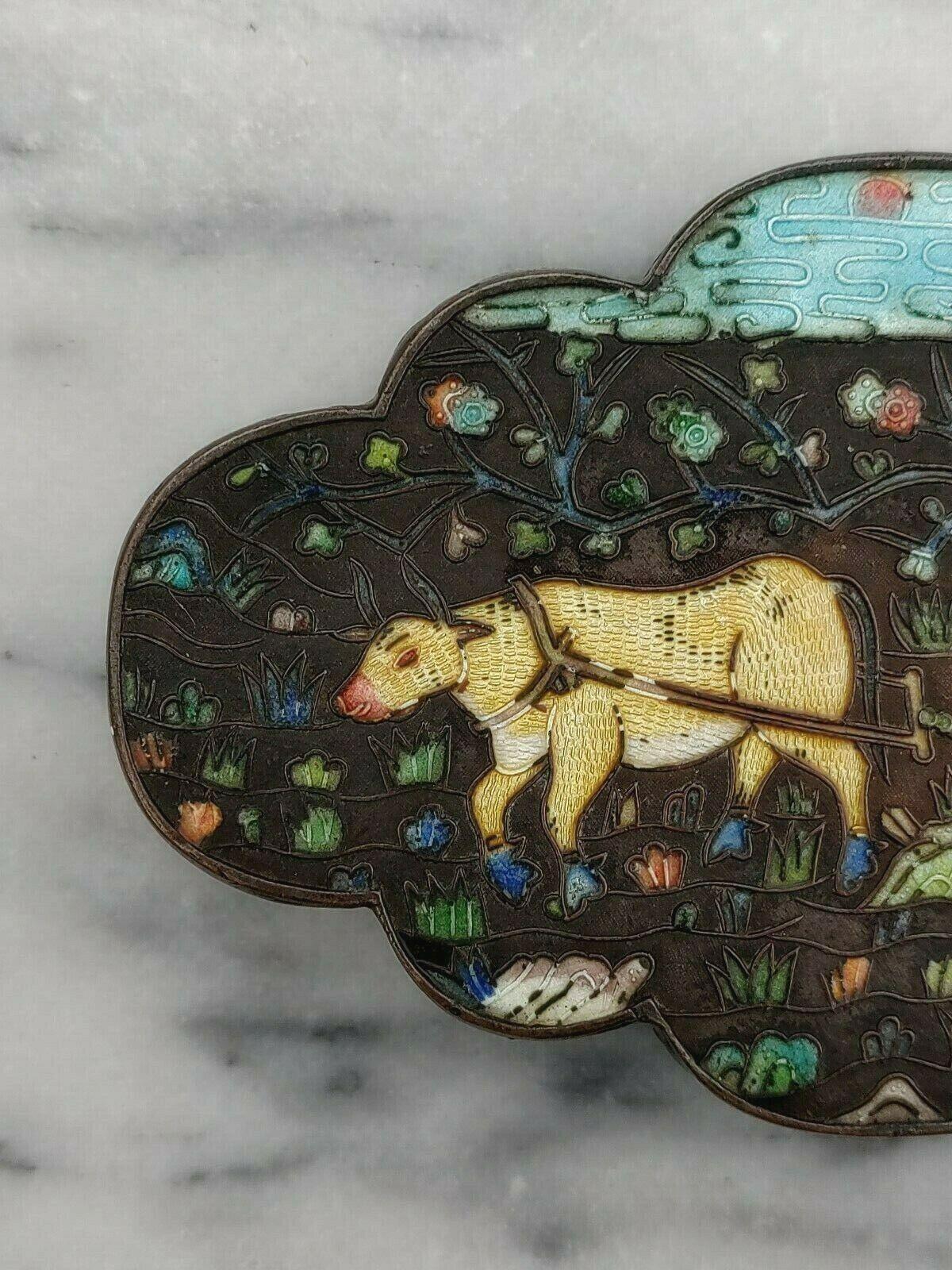 Antique Chinese Export Cloisonne Enamel Silvered Copper Opium Box Ox & Symbols - Tommy's Treasure