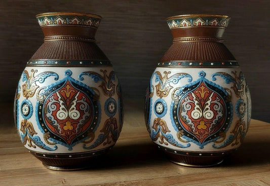 c.1900 Pair of Villeroy & Boch German Mettlach Antique Pottery Enamel Vases #1829 - Tommy's Treasure