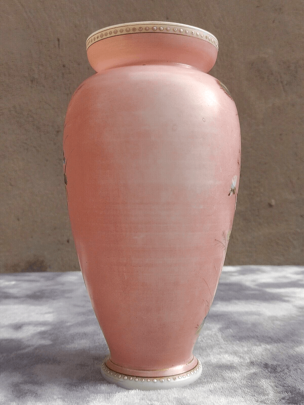 Bohemian Harrach 19th Century Antique Enamel Butterfly Pink Opaline Glass Vase - Tommy's Treasure