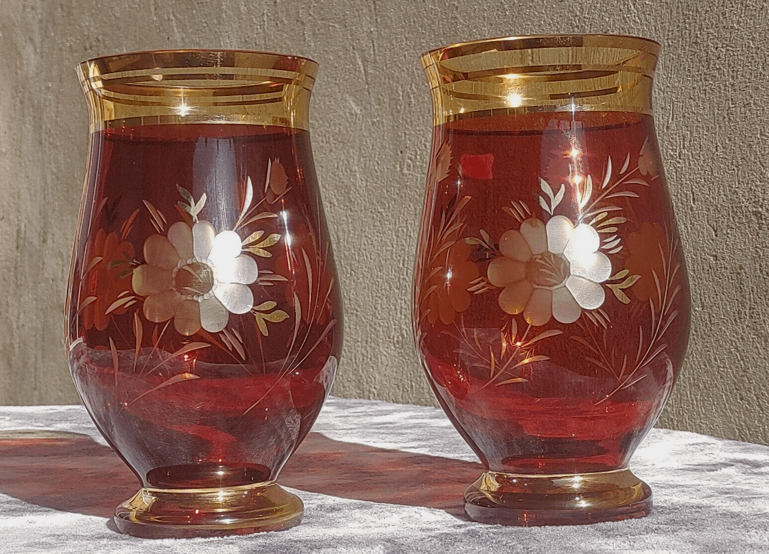 Egermann Bohemian Czech Etched Amber to Clear Glass Crystal & Gilt Vases - Tommy's Treasure