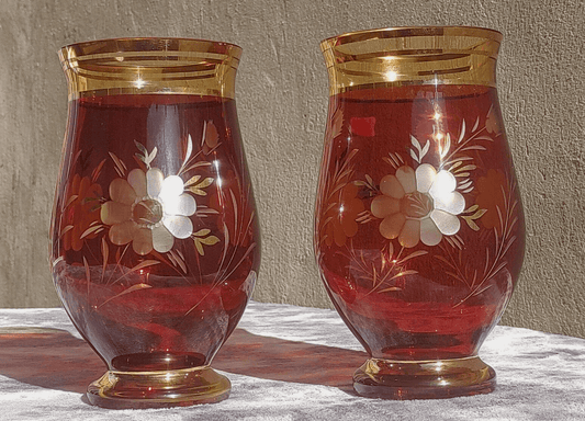 Egermann Bohemian Czech Etched Amber to Clear Glass Crystal & Gilt Vases - Tommy's Treasure