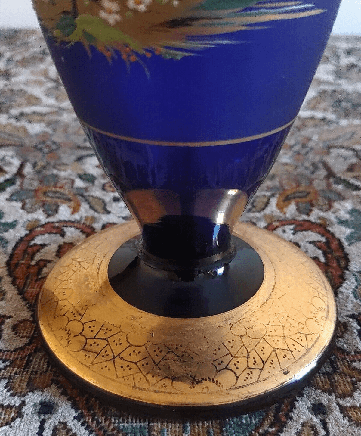 Bohemian Czech Enamelled Japanese Pagoda Gilt Cobalt Blue Glass Vase 32cm - Tommy's Treasure