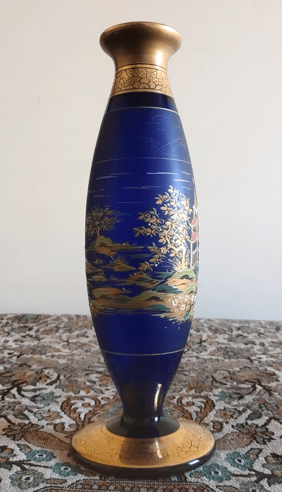 Bohemian Czech Enamelled Japanese Pagoda Gilt Cobalt Blue Glass Vase 32cm - Tommy's Treasure