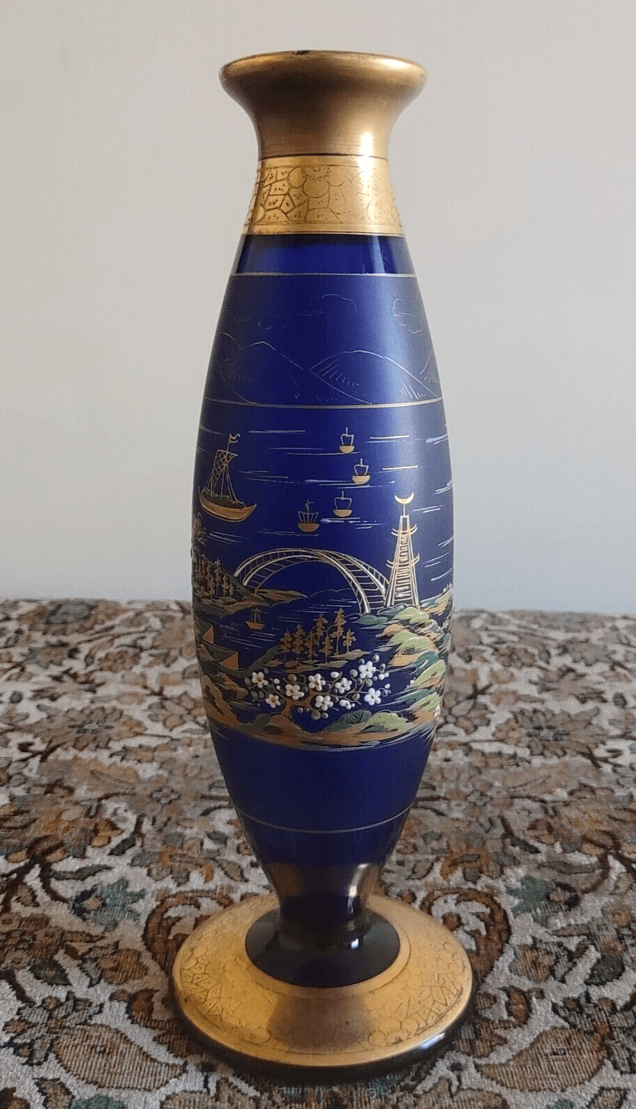 Bohemian Czech Enamelled Japanese Pagoda Gilt Cobalt Blue Glass Vase 32cm - Tommy's Treasure