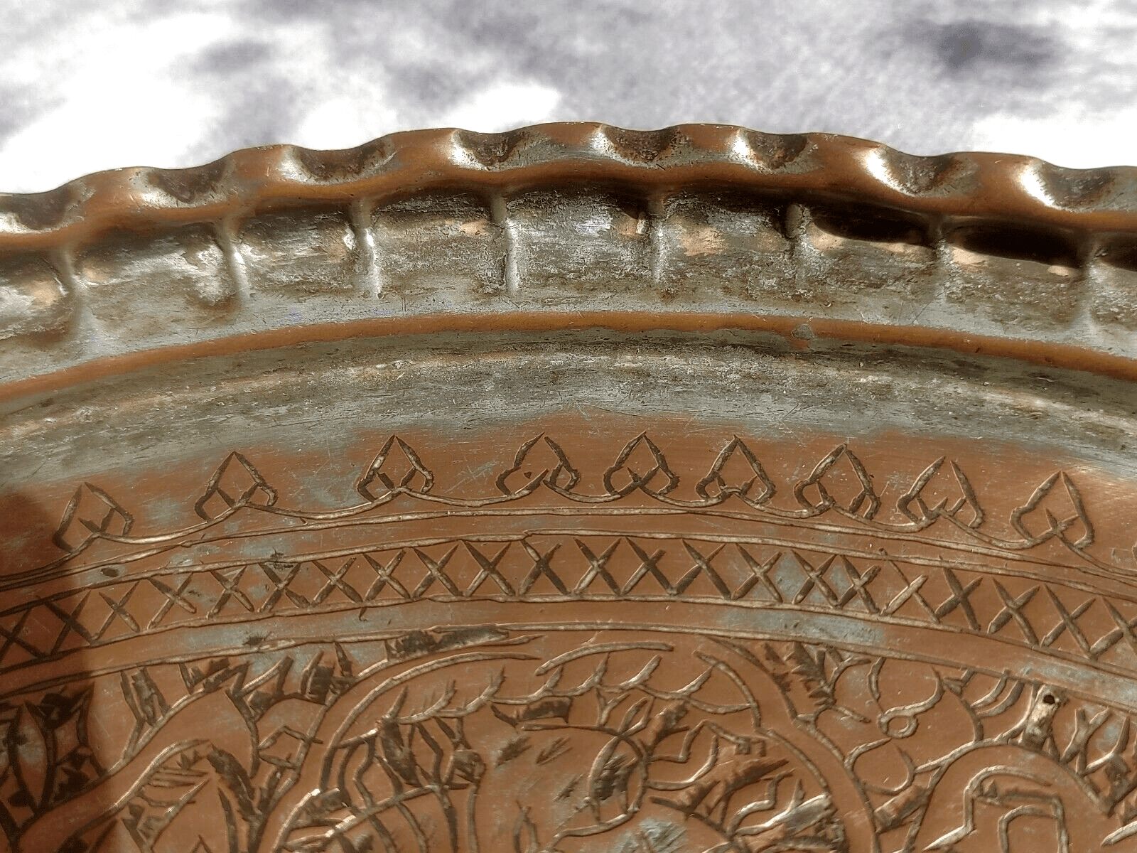 Antique Middle Eastern Engraved Tinned Copper Hanging Wall Charger Tray 47 cm - Tommy's Treasure