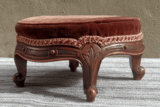 19th Century Victorian Antique Carved Walnut Cabriole Leg Scroll Feet Foot Stool - Tommy's Treasure