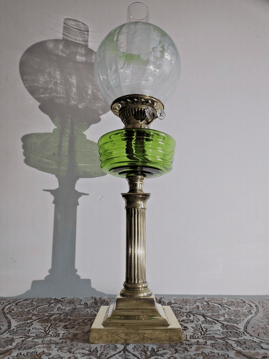 Antique Green Glass Oil Lamp Font Column Base Eltex Duplex Burner Optic Shade - Tommy's Treasure