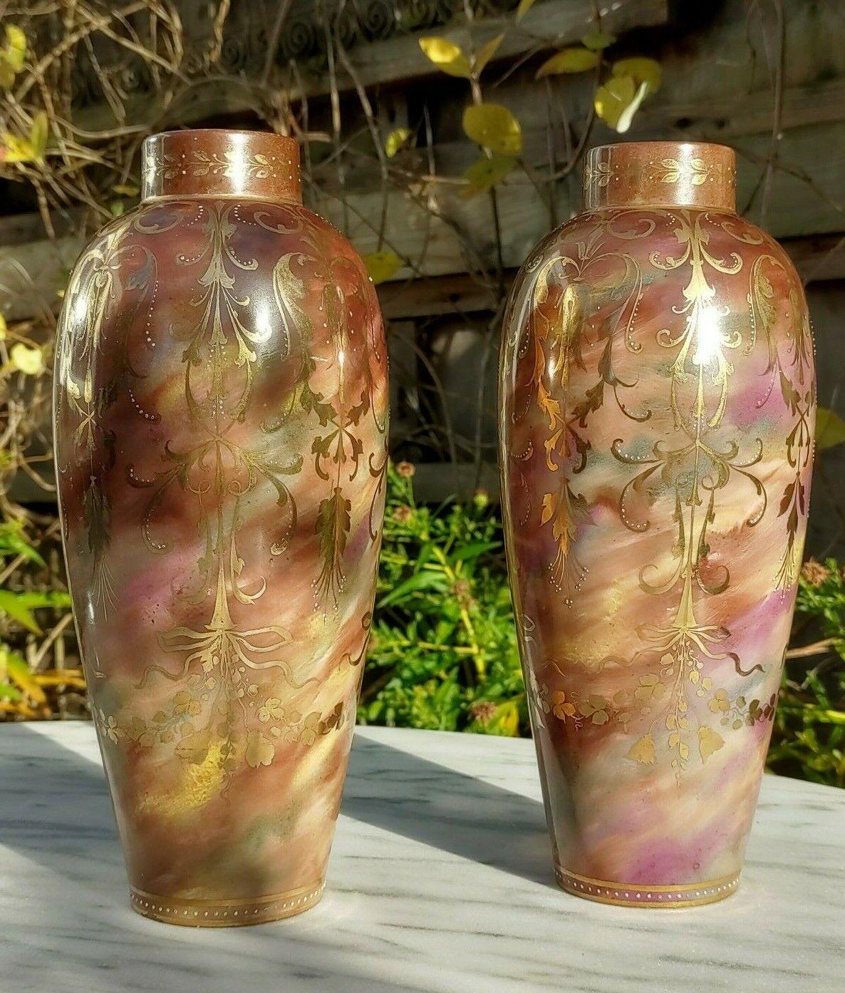 Antique Pair of Marble Glaze & Hand painted Gold Gilt Décor Ceramic Ovoid Vases - Tommy's Treasure