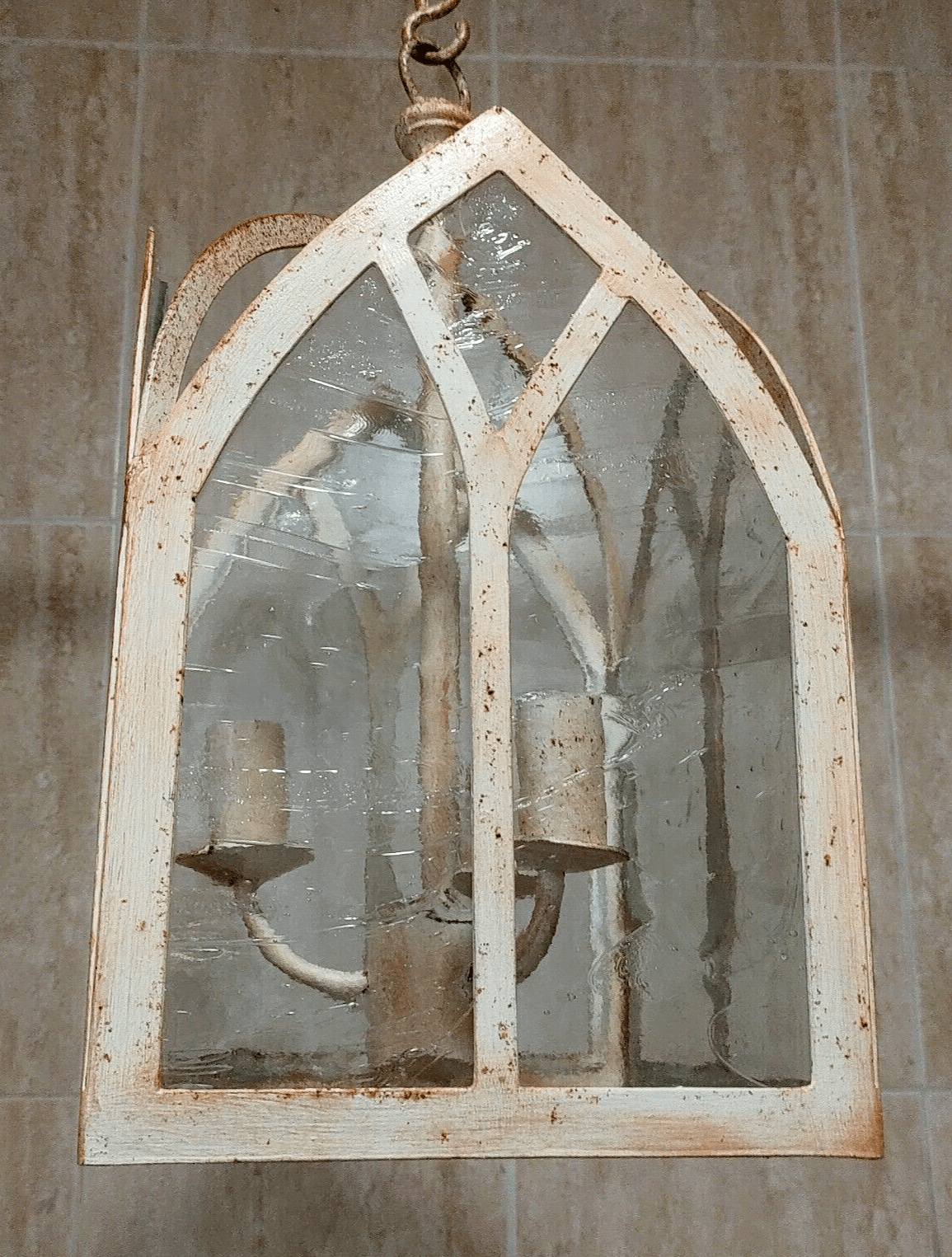 20th Century Gothic Revival Church Window Hanging Ceiling Lantern Light Pendant Glass & Metal - Tommy's Treasure