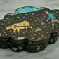 Antique Chinese Export Cloisonne Enamel Silvered Copper Opium Box Ox & Symbols - Tommy's Treasure
