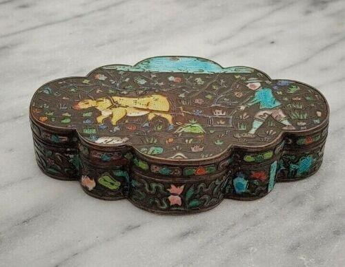 Antique Chinese Export Cloisonne Enamel Silvered Copper Opium Box Ox & Symbols - Tommy's Treasure
