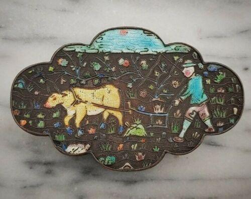 Antique Chinese Export Cloisonne Enamel Silvered Copper Opium Box Ox & Symbols - Tommy's Treasure