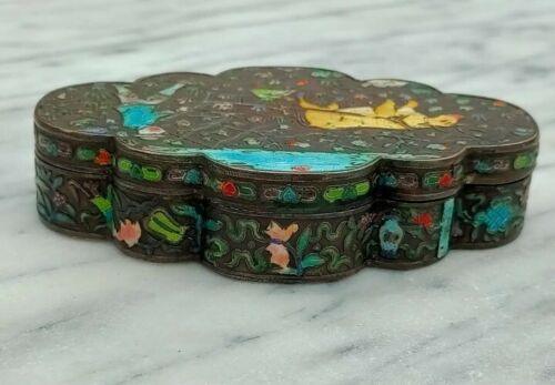 Antique Chinese Export Cloisonne Enamel Silvered Copper Opium Box Ox & Symbols - Tommy's Treasure