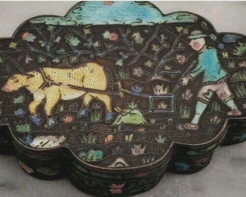 Antique Chinese Export Cloisonne Enamel Silvered Copper Opium Box Ox & Symbols - Tommy's Treasure